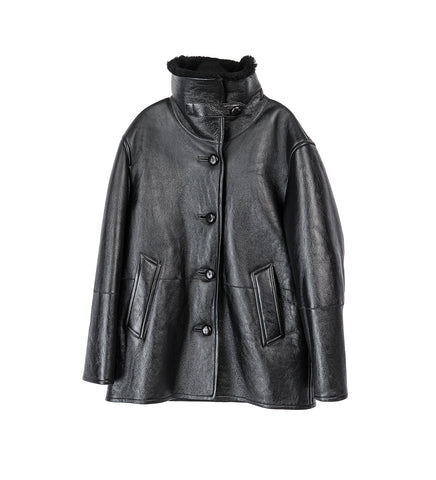 LEATHER SHEARLING DUFFLE COAT BLACK