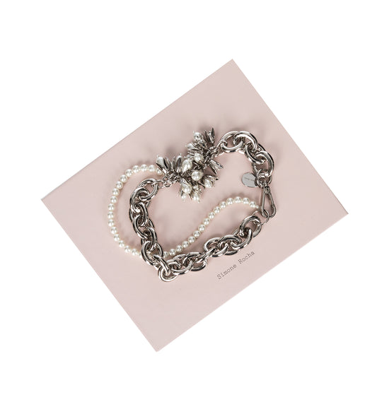 ENCASED PEARL FLOWER CLUSTER CHAIN NECKLACE PEARL/RHODIUM