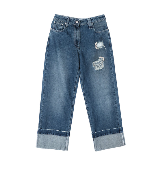 DISTRESSED STRAIGHT LEG JEANS BLUE/PEARL/CLEAR