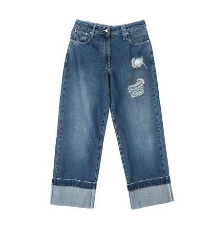 DISTRESSED STRAIGHT LEG JEANS BLUE/PEARL/CLEAR