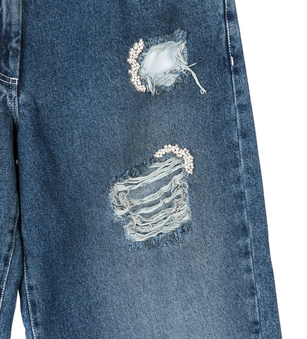 DISTRESSED STRAIGHT LEG JEANS BLUE/PEARL/CLEAR