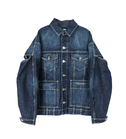 DENIM JACKET WITH CUT ON SLEEVES AND WORKWEAR DETAILS DARK VINTAGE BLUE