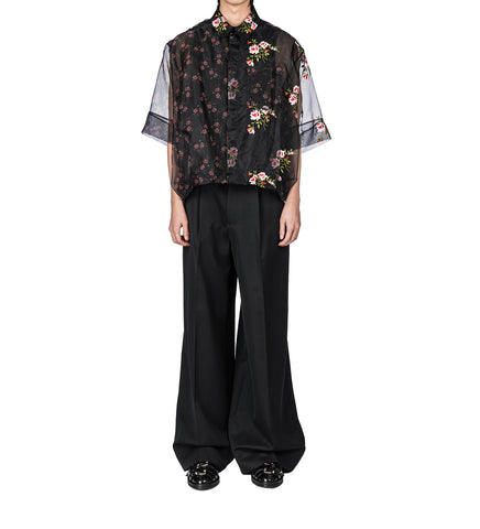 SHEER PATCHWORK BALLOON HEM SHIRT BLACK