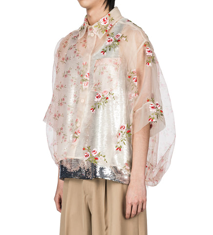 SHEER PATCHWORK BALLOON HEM SHIRT NUDE