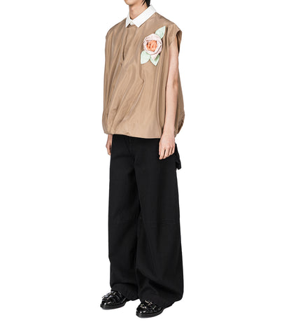 DRAPED BUBBLE HEM PRESSED ROSSETTE TOP TOFFEE/MULTI