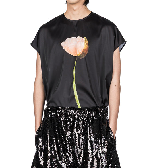 POPPY MOTIF EXTENDED SMOCK TOP BLACK