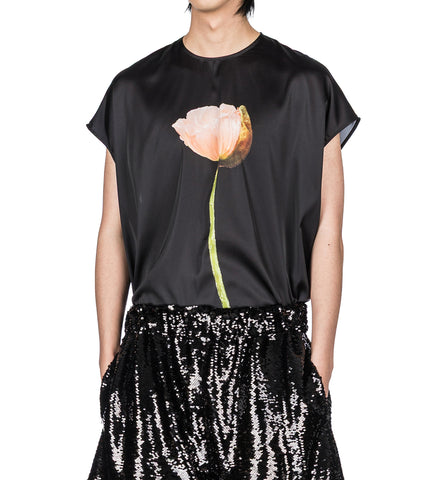 POPPY MOTIF EXTENDED SMOCK TOP BLACK