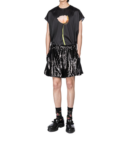 POPPY MOTIF EXTENDED SMOCK TOP BLACK