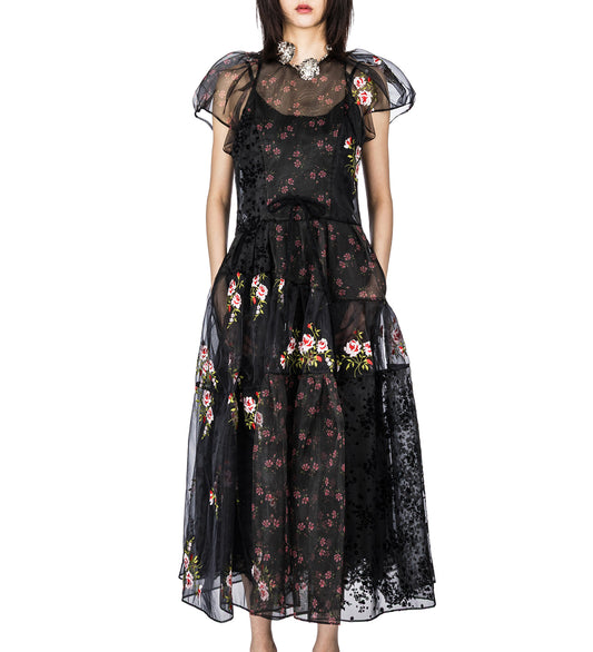 SHEER PUFF SLEEVE PATCHWORK FLOUNCE DRESS BLACK