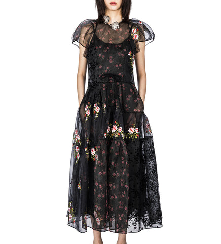 SHEER PUFF SLEEVE PATCHWORK FLOUNCE DRESS BLACK