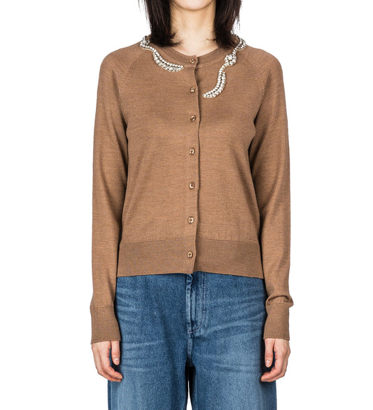 CLASSIC MERINO SILK CARDIGAN W/ TURBO EMB CHESTNUT/PEARL/CLEAR