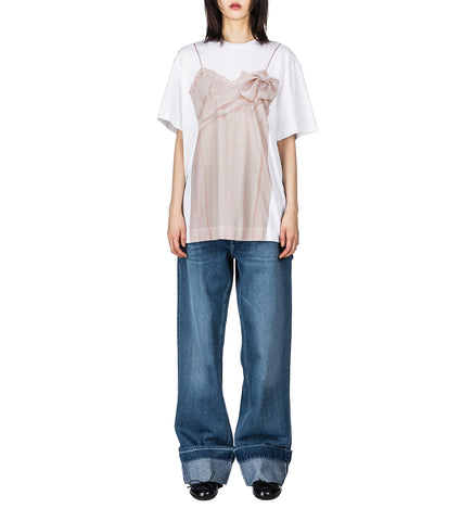 BOW SASH SLIP DRESS TROMPE L'OEIL PRINT T-SHIRT WHITE/NUDE