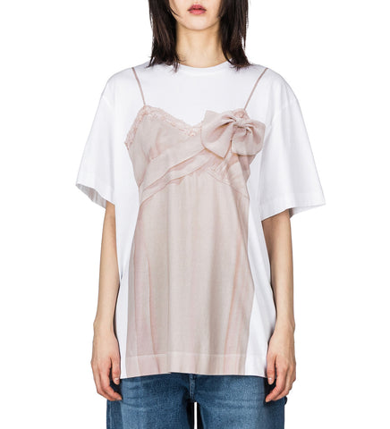 BOW SASH SLIP DRESS TROMPE L'OEIL PRINT T-SHIRT WHITE/NUDE