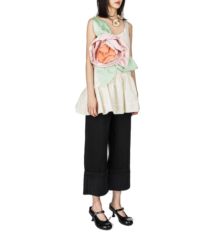 PRESSED ROSETTE TILTED NECK PEPLUM TOP CREAM/MULTI