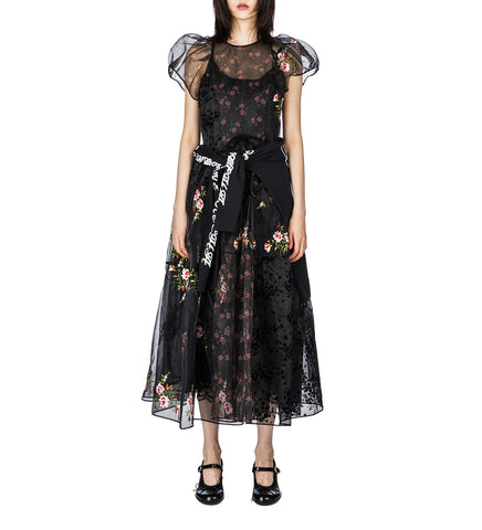 SHEER PUFF SLEEVE PATCHWORK FLOUNCE DRESS BLACK