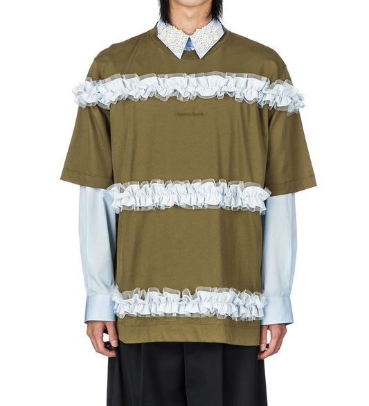 RUFFLE FRILL T-SHIRT KHAKI/PALE BLUE