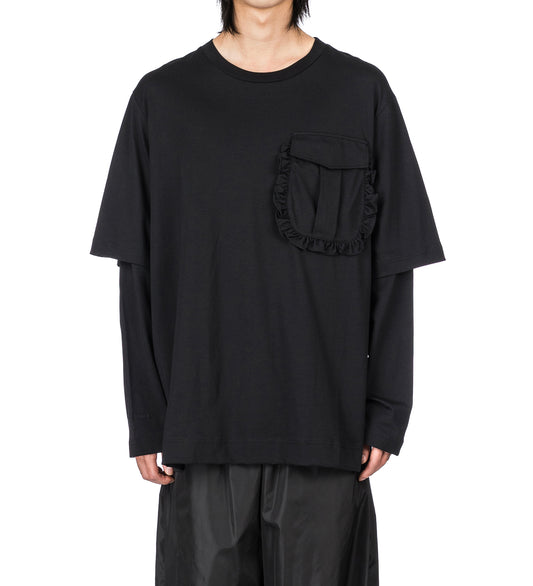 RUFFLE POCKET LONG SLEEVE LAYERED T-SHIRT BLACK