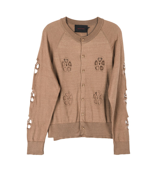 MERCERISED DAISY CUTOUT CARDIGAN W/DAISY TOBACCO