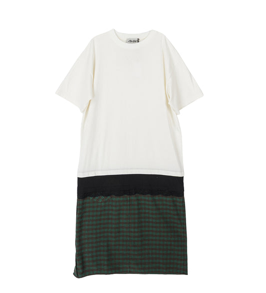 STACKED LONG TEE WHITE/GREEN CHECK