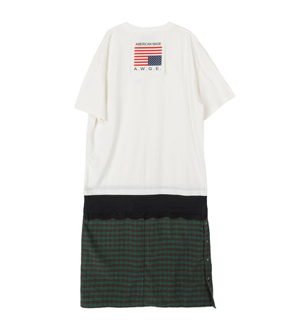 STACKED LONG TEE WHITE/GREEN CHECK