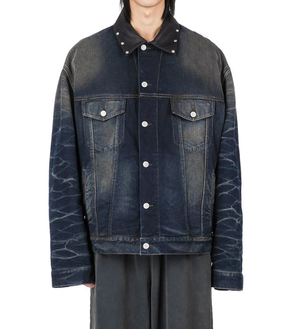 LEATHER COLLAR STUD DENIM JACKET DARK BLUE
