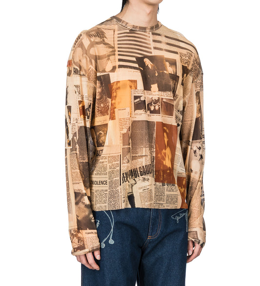 MESH OVERSIZED CREW NECK TOP PRINTED JOURNAL ECRU/LIGHT GREY/RED