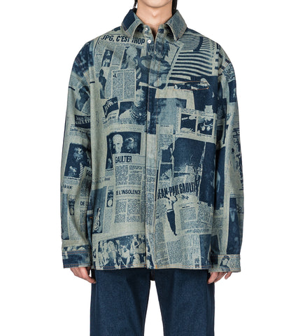 DENIM SHIRT WITH NEWSPAPER PRINT INDIGO/BEIGE