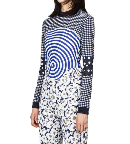 GINGHAM AND PRINT TARGET LONG SLEEVE WHITE/NAVY