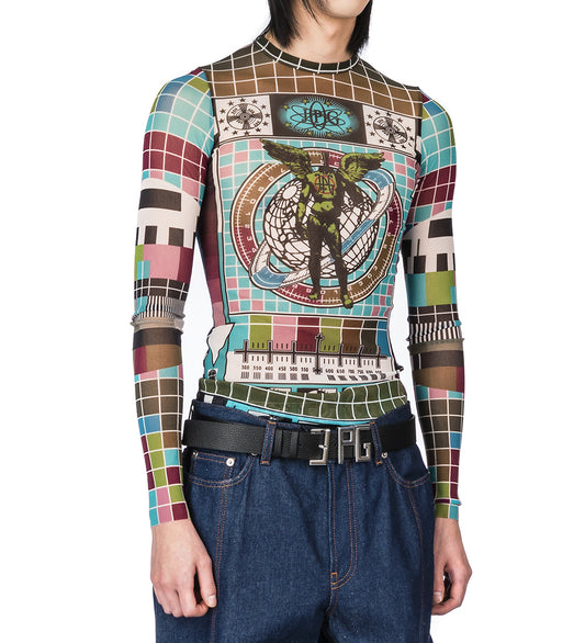 MESH LONG SLEEVE TOP MIRE BLUE/MULTICOLOR