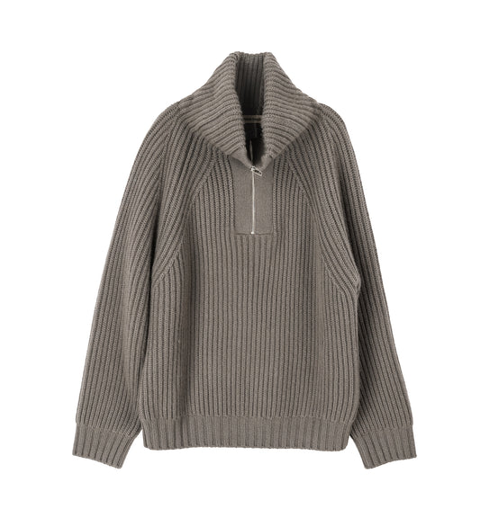 MICHEL EXAGGERATED RIB CASHMERE HALF ZIP WEIMARANER GREY