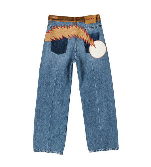VELVET WAISTBAND DENIM TROUSERS WITH PATCH BLUE