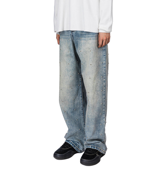 LAX BAGGY STUDDED DENIM WASHED BLUE