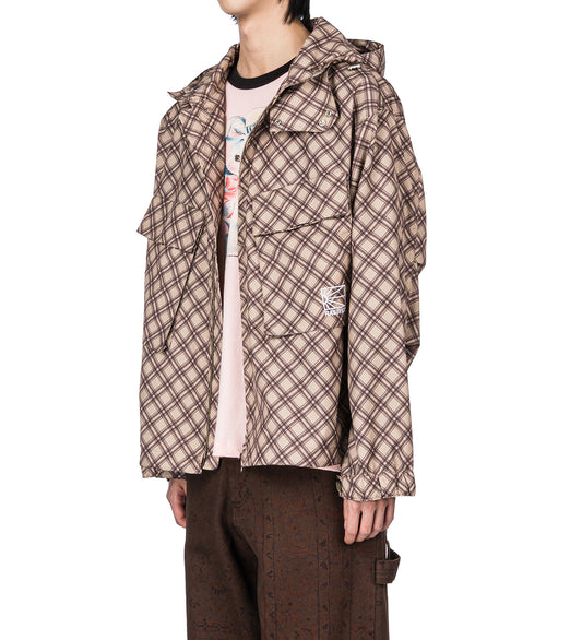 POLY TARTAN HOODED JACKET BROWN