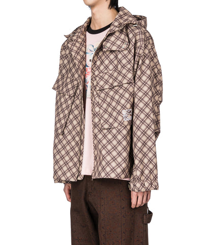 POLY TARTAN HOODED JACKET BROWN
