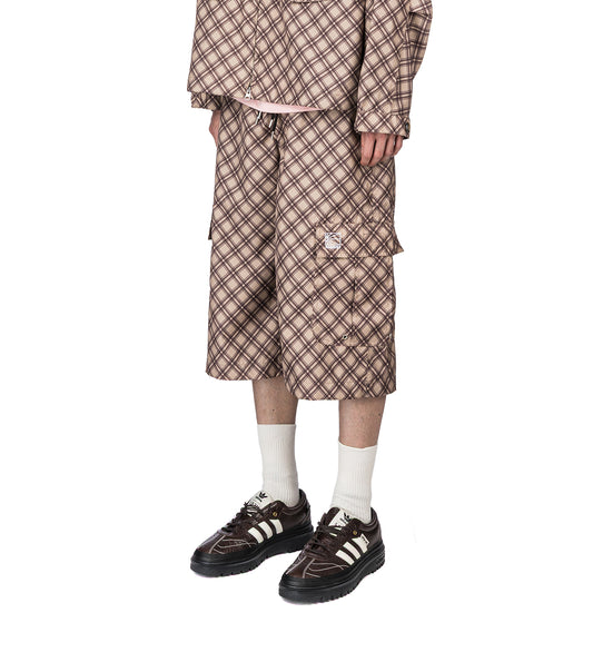 POLY TARTAN 3 QUARTER CARGO PANTS BROWN