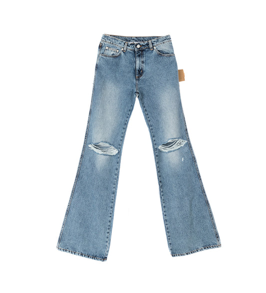 UNISEX DISTRESSED KNEES FLARED JEANS LIGHT WASH
