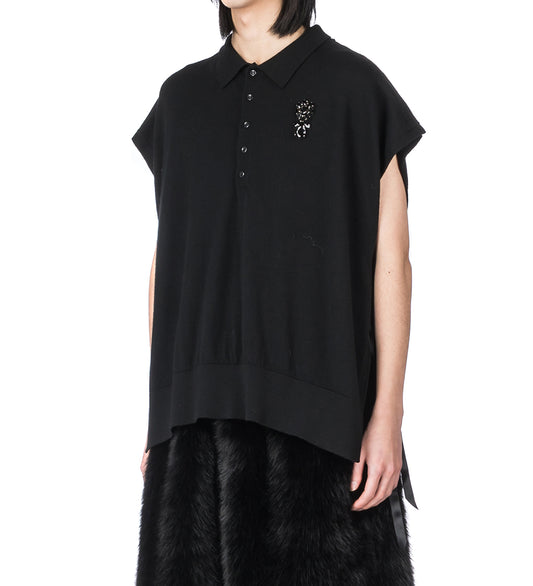 RELAXED KNIT COLLARED BIB W/ TIES & EMB. BLACK/JET