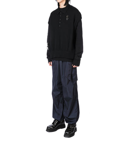 RELAXED KNIT COLLARED BIB W/ TIES & EMB. BLACK/JET
