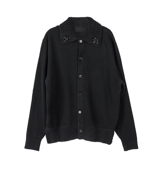 FUZZY COLLAR RUGBY KNIT CARDIGAN W/EMB BLACK/JET