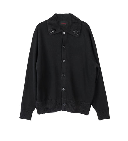 FUZZY COLLAR RUGBY KNIT CARDIGAN W/EMB BLACK/JET