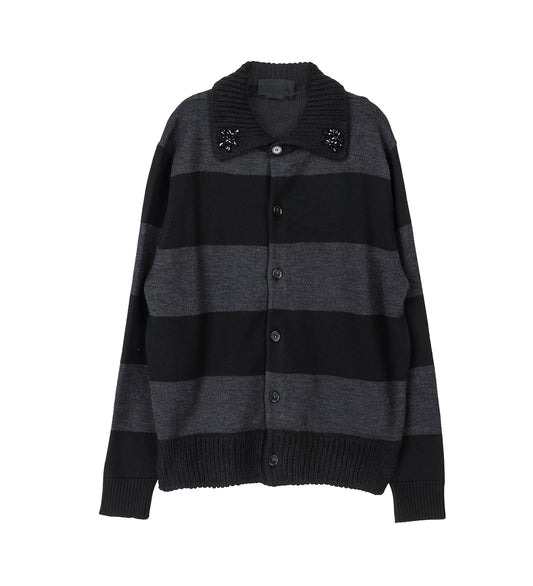 FUZZY COLLAR STRIPED RUGBY KNIT CARDIGAN W/EMB CHARCOAL/BLACK/JET