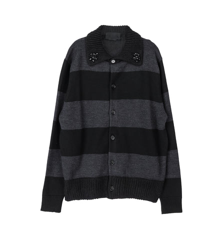 FUZZY COLLAR STRIPED RUGBY KNIT CARDIGAN W/EMB CHARCOAL/BLACK/JET