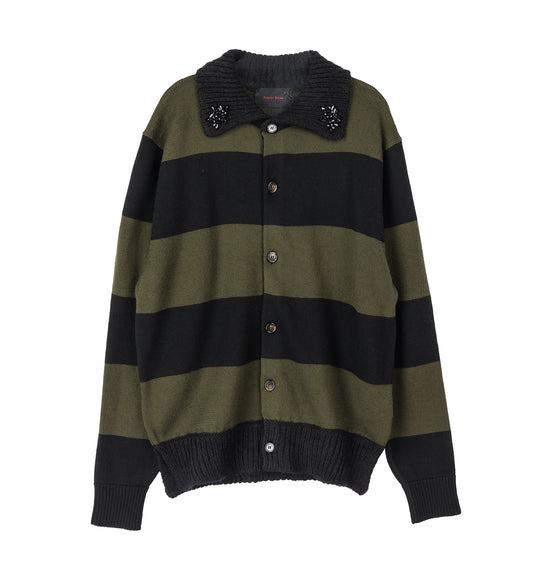 FUZZY COLLAR STRIPED RUGBY KNIT CARDIGAN W/EMB KHAKI/BLACK/JET