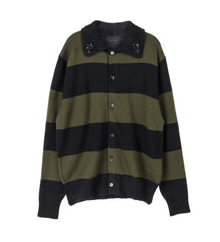FUZZY COLLAR STRIPED RUGBY KNIT CARDIGAN W/EMB KHAKI/BLACK/JET