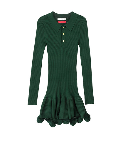 POM POM KNIT POLO DRESS FOREST GREEN
