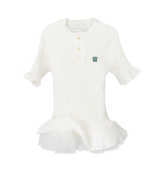 SHIRRED HENLEY TOP WITH TULLE WHITE