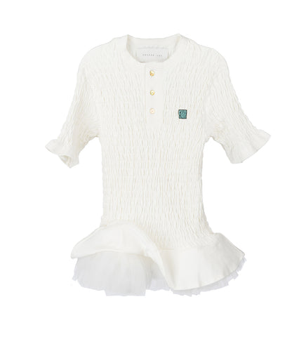 SHIRRED HENLEY TOP WITH TULLE WHITE