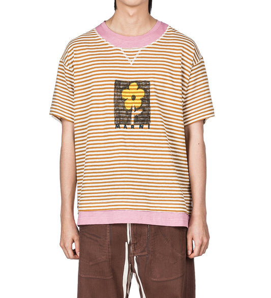 FLOWER FRAME STRIPE T-SHIRT MUSTARD/PINK