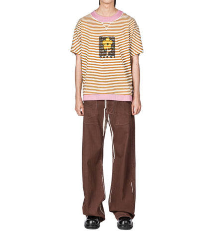 SCREEN PRINTED DENIM WIDE LEG PANTS BROWN