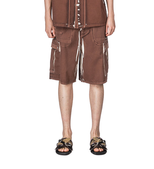 SCREEN PRINTED DENIM CARGO SHORTS BROWN